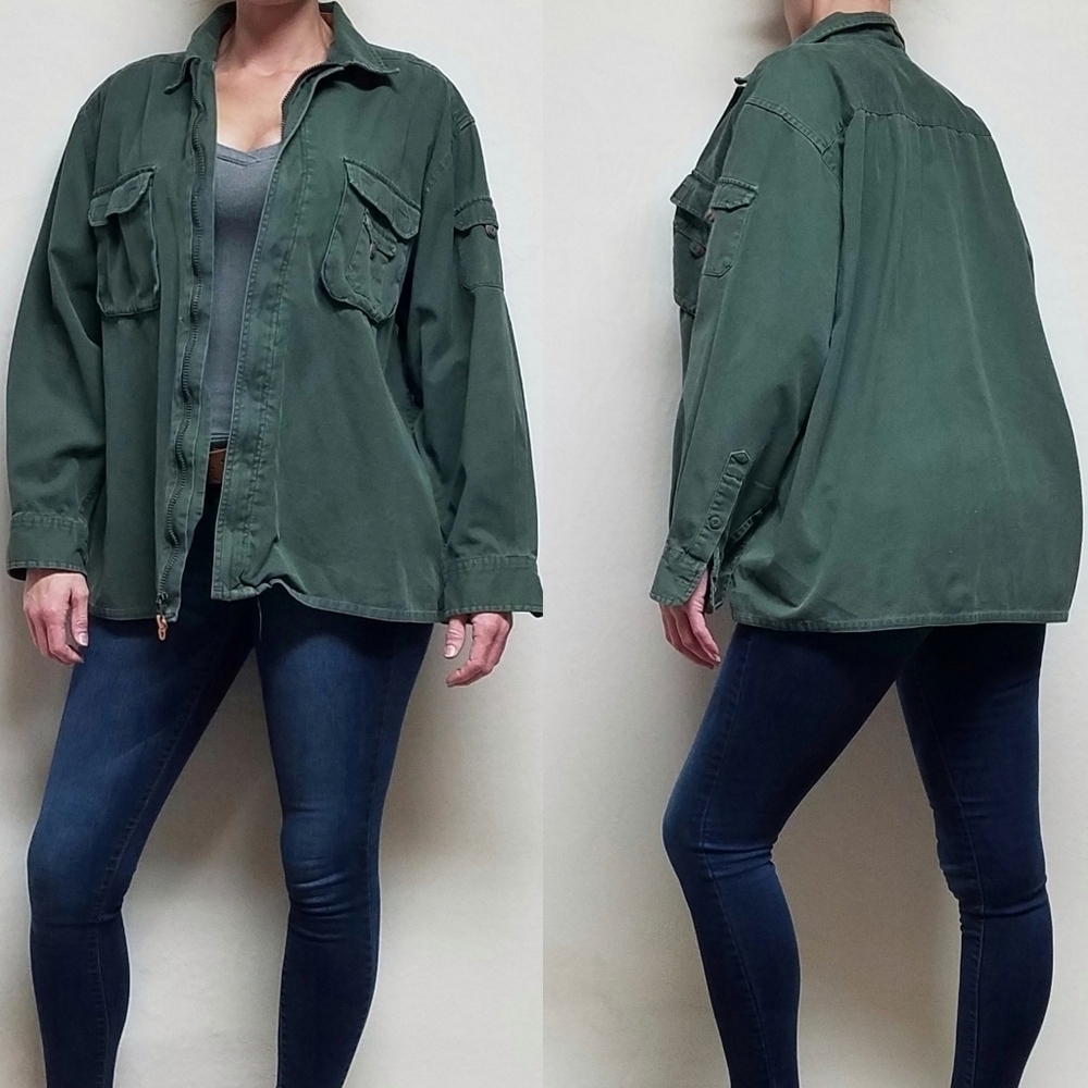 VINTAGE 90s Route 66 Distressed Olive Green Full-zip Lightweight Utility Jacket